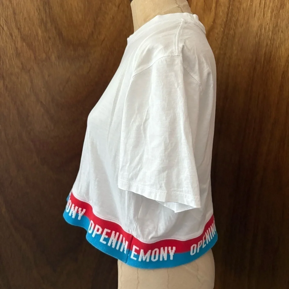 OPENING CEREMONY sz M White Crop Tee Top Short Sleeve Logo Band - Picture 2 of 8